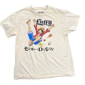 Monkey D. Luffy Graphic Tee by One Piece (Large) Manga Anime Cream Straw Hat Fan